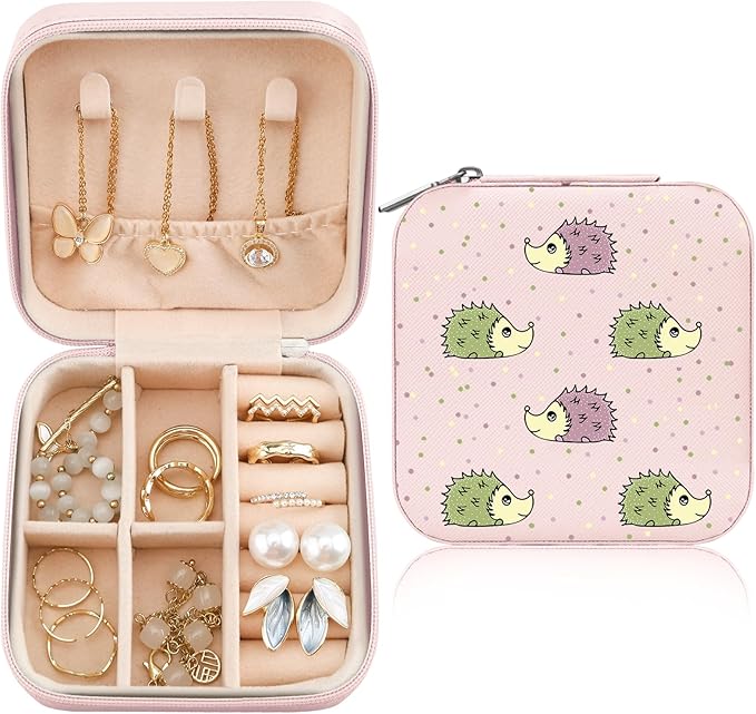 MAYCARI Jewelry Box with Cute Hedgehog Pattern Design, PU Leather Jewelry Travel Organizer Case-Rings/Earrings/Necklace Storage Box for Women Birthday Mom Friends Her Bridesmaids Girls s