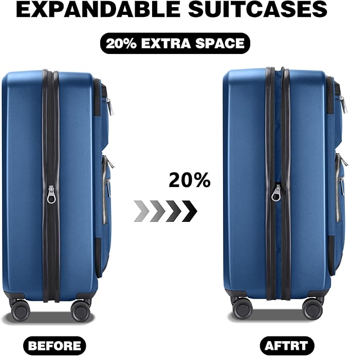 Luggage Sets 2 Piece, Carry On Luggage with Front Pocket & USB Port and 28 Inch Expandable Checked Luggage, Hybrid Soft Front & Hard Shell Suitcases with Spinner Wheels & TSA Lock, Blue