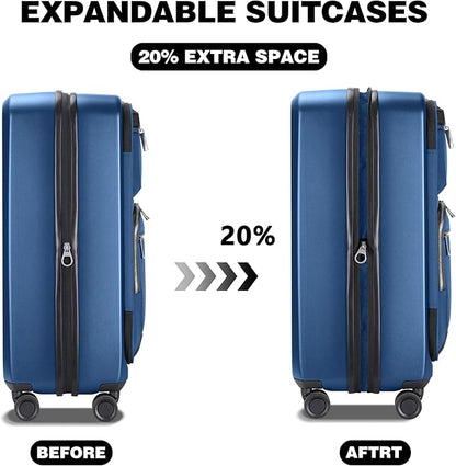 Luggage Sets 2 Piece, Carry On Luggage with Front Pocket & USB Port and 28 Inch Expandable Checked Luggage, Hybrid Soft Front & Hard Shell Suitcases with Spinner Wheels & TSA Lock, Blue