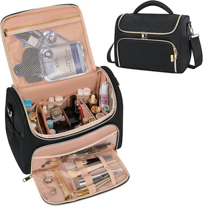 Travel Toiletry Bag Large Cosmetic Makeup Bag Organizer for Women,Wide-open Make Up Bag Waterproof Makeup Case Travel Bag with Handle and Dividers for Toiletries,Essentials,Accessories,Black
