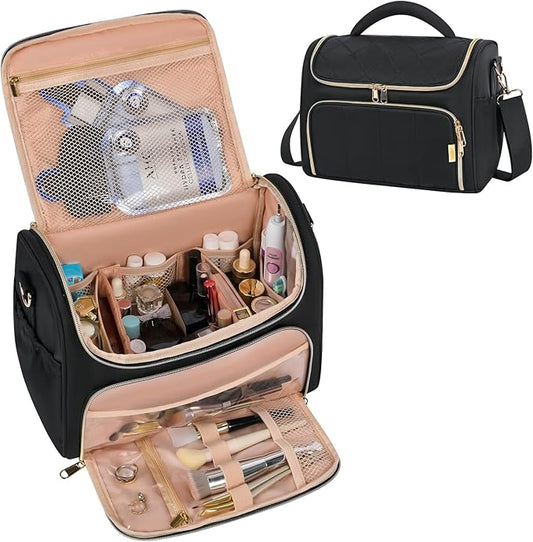 Travel Toiletry Bag Large Cosmetic Makeup Bag Organizer for Women,Wide-open Make Up Bag Waterproof Makeup Case Travel Bag with Handle and Dividers for Toiletries,Essentials,Accessories,Black