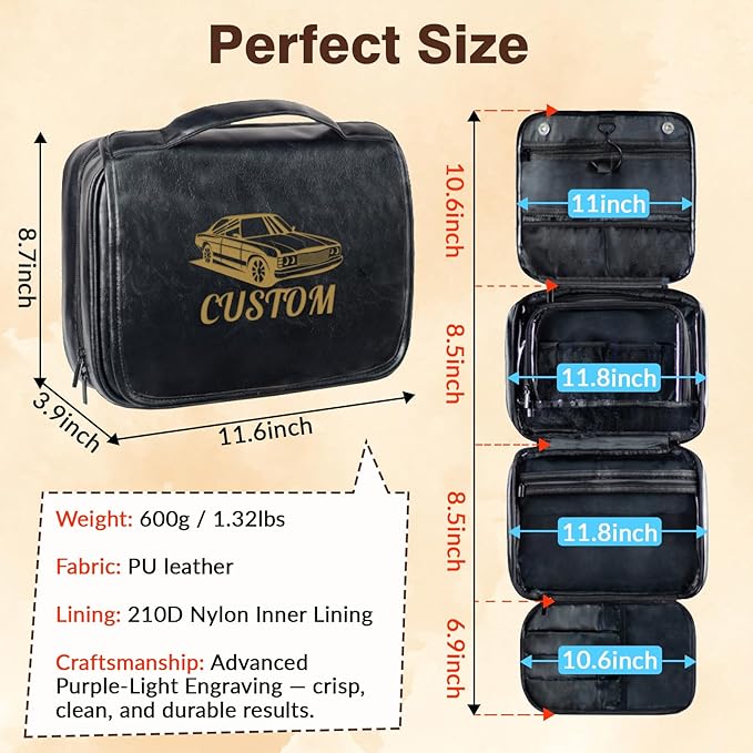 Custom 3-in-1 PU Leather Toiletry Bag for Men - Personalized Hanging Travel Organizer with Multiple Compartments for Father, Husband, Boyfriend - Business Trip Gift (Dark Brown)