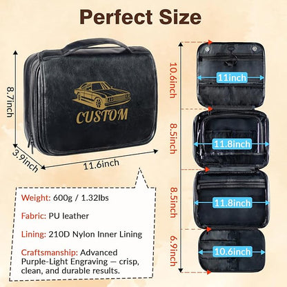 Custom 3-in-1 PU Leather Toiletry Bag for Men - Personalized Hanging Travel Organizer with Multiple Compartments for Father, Husband, Boyfriend - Business Trip Gift (Black)