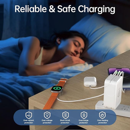 Retractable Apple Watch Charger, 5 in 1 Travel Charging Station for Apple Devices, Retractable Chargers for Multiple Devices with Multi Charging Cable, Charger Block for Apple Gear (White)