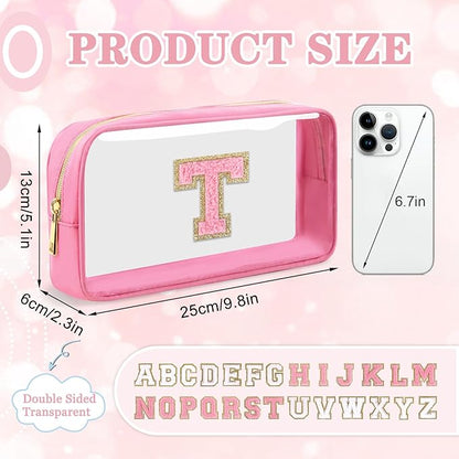 Small Clear Personalized Initial Makeup Bag, Preppy Nylon A-Z Chenille Letter Patch Makeup Organizer TSA Approved Travel Toiletry Bag,Waterproof Zip Beach Cosmetic Pouch Purse for Women(Pink-Pink T)