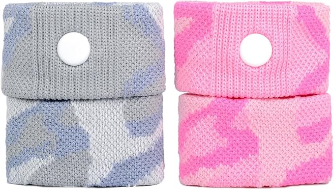 P6 Motion Sickness Bands for Adults Wristbands for Anti Nausea Sea Cruise Travel Car Pregnancy Morning Sickness All-Natural Non Drowsy Relief Acupressure Treatment (2 Pack, White - Pink)