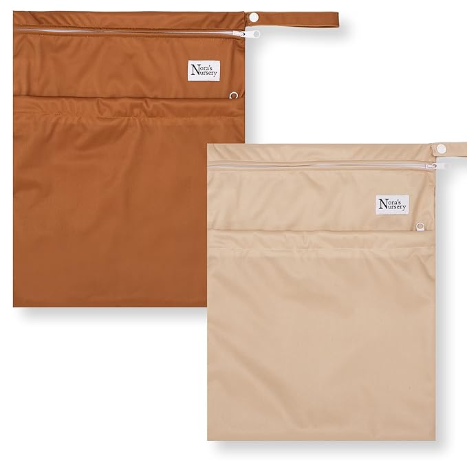 Nora's Nursery Wet Dry Bags with Two Zippered Pockets - Reusable and Washable Wet Bag for Swimming, Travel, Beach, Pool, Daycare, Cloth Diapers, Toiletries and Swimsuits - 11x15 - Desert - 2 Pack