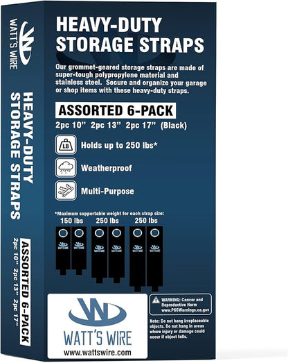 Heavy Duty Storage Straps - 6 Pack: 2 Medium, 2 Large, 2 XL - Extension Cord Ties - Storage Strap - by Watt's Wire