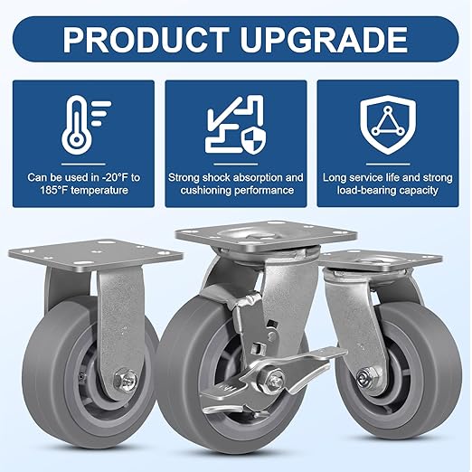 5"x2" Rubber Wheels (Flat Tread)- Heavy Duty Casters, Industrial Caster Wheels- Set of 4 with up to 3200 LB Capacity- Use for Dollies, Workbench(4 Swivel)