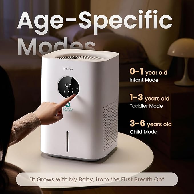 Pro Baby Evaporative Humidifier for Bedroom, MistFree & No White Dust, BPA-Free and 16dB Quiet Sleep for kids, 3 Age-Modes, Auto Control, Tap Water Safe, 4L Easy Clean Tank for Nursery