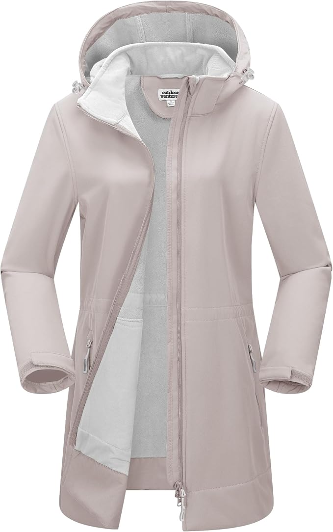 Outdoor Ventures Women's Softshell Jacket with Removable Hood Fleece Lined Windbreaker Insulated Long Warm Rain Jacket