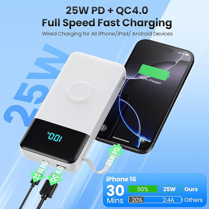 Portable Charger 40800mAh for iPhone with Built-in Cable and iWatch Charger, 25W PD Fast Charging USB C Power Bank,Travel Camping Essentials Battery Pack for iPhone 17/16/15/14/13,Android,Apple Watch