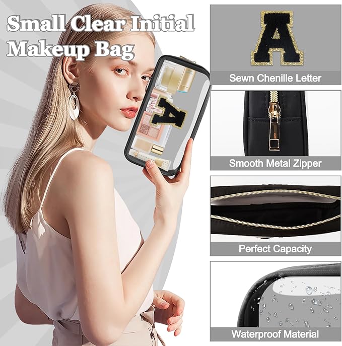 Small Clear Personalized Initial Makeup Bag,Nylon Preppy A-Z Chenille Letter Patch Cosmetic Pouch Beach Toiletry Bag,Waterproof Zipper Travel Purse Storage Bag Organizer for Women Girls(Black-Black C)