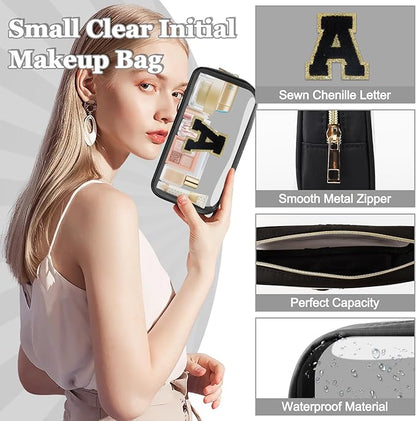 Small Clear Personalized Initial Makeup Bag,Nylon Preppy A-Z Chenille Letter Patch Cosmetic Pouch Beach Toiletry Bag,Waterproof Zipper Travel Purse Storage Bag Organizer for Women Girls(Black-Black C)