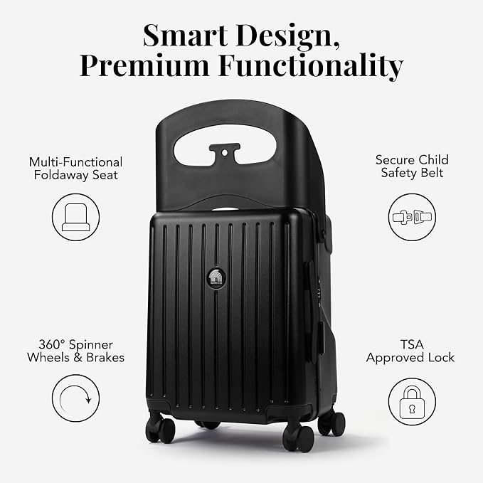 RAINRO & CO Obsidian Black 20" Ride-On Carry-On Luggage for Kids & Adults with Built-In Seat, Spinner Wheels, and Secure TSA Lock – Durable Hardside Carry-On