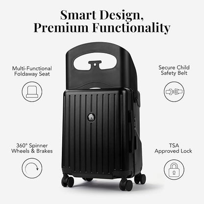 RAINRO & CO Obsidian Black 20" Ride-On Carry-On Luggage for Kids & Adults with Built-In Seat, Spinner Wheels, and Secure TSA Lock – Durable Hardside Carry-On