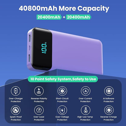 Portable Charger 40800mAh Power Bank with 3 Built-in Cables,PD 25W USB C in&Out Power Bank Fast Phone Charging,QC4.0 5 Output Travel Camping Essential Battery Pack for iPhone 17/16,Samsung etc-Purple