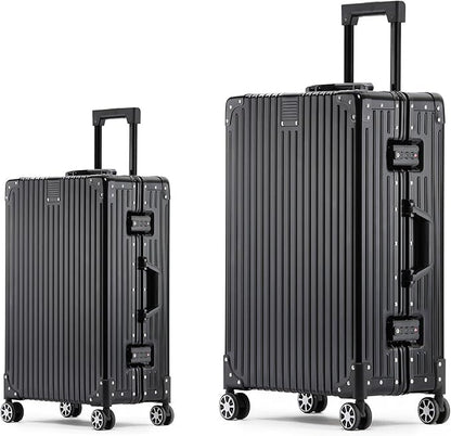 Metal All Aluminum Carry-on Luggage TSA Customs Lock Zipperless Silent Rotary Wheel Business Suitcase Aluminum Frame Set (black, 2Piece(20/26))