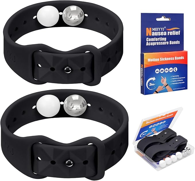 Motion Sickness Bands for Adults and Kids Sea Wristbands for Cruise Travel Wristband, Natural Relief Wristbands，Sea Bands for Pregnancy Women(1 Pair Black)