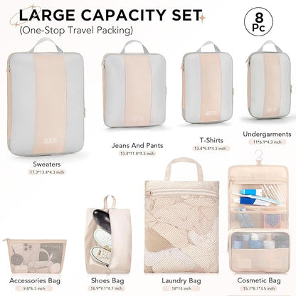 8 Set Compression Packing Cubes for Travel Essentials,Compressible Expandable Packing Cubes for Suitcase,OlarHike Luggage Organizer Bags for Travel,Handy Helper for Organizing Clothes(Beige1)