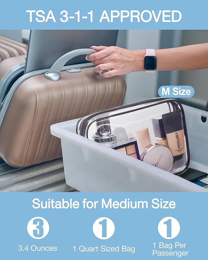 BAGSMART Clear Toiletry Bag, TSA Approved Travel Toiletry Bag Carry On Travel Accessories Bag Airport Airline Quart Size Bags water-resistant Makeup Bag for Women