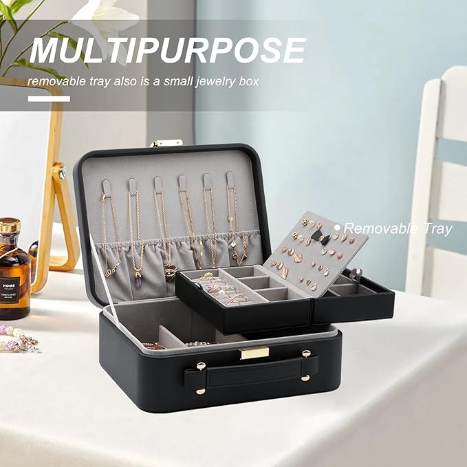 Travel Jewelry Box Jewelry Storage Case Jewelry Suitcase for Women and Men 2 Layer Jewelry Organizer Box with Removable Tray (Black)