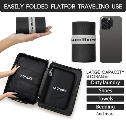 Travel Laundry Bag (2 Pcs - Large + Medium) - Foldable Waterproof Washable Wet Dry Bag for Gym, Swimming, Yoga, and Workout Perfect for Dirty Clothes, Bathing Suits, Travel Accessories Black