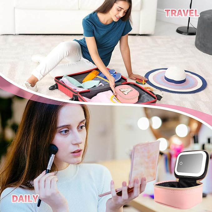 Mini Initial Makeup Bag With Led Mirror With Lights Gifts For Women Girls, Small Makeup Box For Travel Gift, Cosmetic Bag Make Up Organizer Personalized Bags Birthday Christmas Gifts For Womens (E)