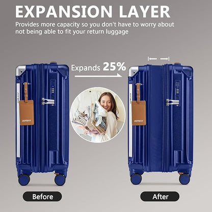 Joyway Carry On Luggage, Expandable Suitcase with Smart Cup Holder and USB Port, 20 IN Hardside Checked with TSA Lock Spinner Double Wheels, Blue