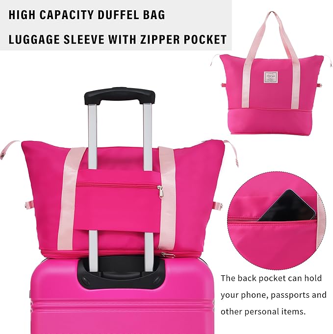 Merax Luggage Sets 2 Piece Expandable Hardside Luggage with Travel Bag Suitcase Set with Spinner Wheels(20+28+bag,Pink-1)