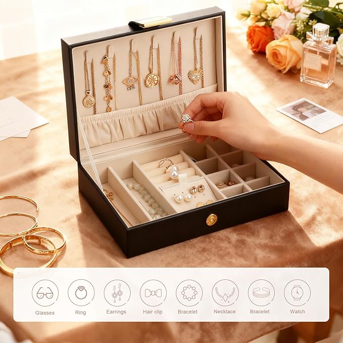 Leather Strap Closure Jewelry Box Single Layer Organizer Case for Necklaces, Earrings, Rings, Compact for Travel & Home Storage Black