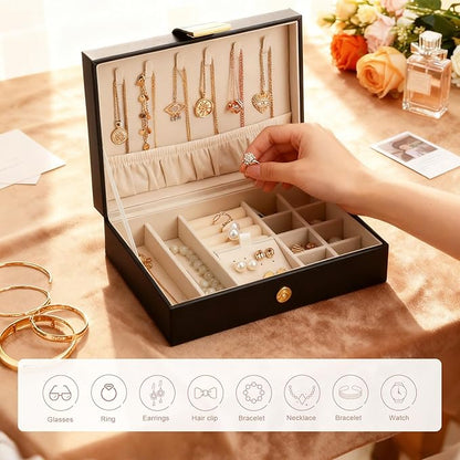 Leather Strap Closure Jewelry Box Single Layer Organizer Case for Necklaces, Earrings, Rings, Compact for Travel & Home Storage Black
