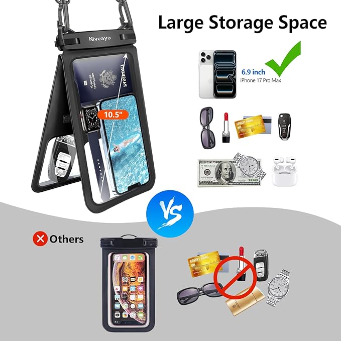 Niveaya [Up to 10.5"]Waterproof Phone Pouch - 2 Pack, Waterproof Phone Lanyard Case with iPhone 16/15/14/13/12 Pro Max up to 9.5", Phone Dry Bags for Vacation Beach Pool Kayak Cruise Travel Essentials