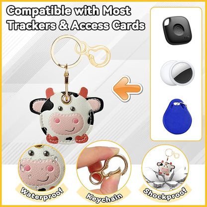 Leather Keychain for Airtag, Cute Protective Keychain Holder Compatible with Apple Air Tag,GPS Item Tracker Case Cover for Keys,Bags,Pets,Luggage(Cow)