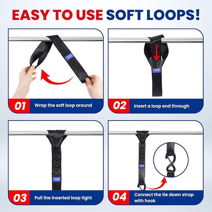 MOCA w/Lock Heavy Duty Ratchet Tie Down Straps, 5200 Lb Breaking Strength, 1.6" x 8 ft Heavy Duty Tie Down Kit with Padded Handles & Coated Chromoly S Hooks & 4 Soft Loops Black
