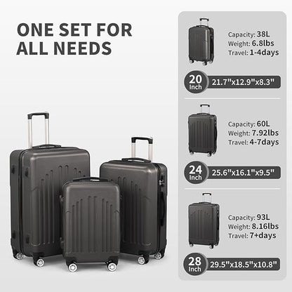 Karl home Luggage Sets 3 Piece, ABS Hardside Suitcase Set with Double Spinner Wheels & TSA Lock for Travel Business, 3-Piece Set (20/24/28), Dark Gray
