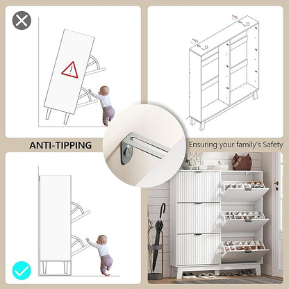 Shoe Cabinet Storage for Entryway with 6 Flip Drawers, Fluted Narrow Shoe Organizer with Wooden Legs, Freestanding Slim Shoe Storage Hidden Shoe Rack Organizer for Front Door Entrance, White