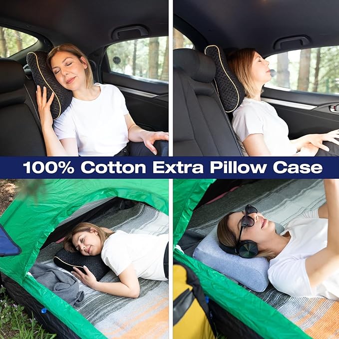alkamto Travel & Camping Comfortable Memory Foam Pillow – Easy to Carry Portable Bag – Temperature Regulating Pillow Case (Black Contour + Extra Cover)