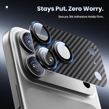 Hoerrye for iPhone 17 Pro Camera Lens Protector - [12FT Shatterproof Military Grade] [Strong Adsorption] Metal Top 9H+ Tempered Glass Camera Screen Full Cover Case Friendly,Carbon Fiber