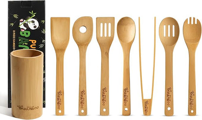 8-Piece Bamboo Utensil Set with Holder, Premium Non-Scratch Bamboo Cooking Utensils for Nonstick Cookware, Water-Resistant, BPA-Free, Eco-Friendly Kitchen Tools