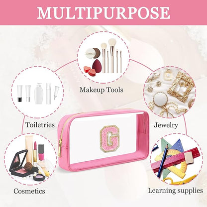 Small Clear Personalized Initial Makeup Bag,Nylon Preppy A-Z Chenille Letter Patch Cosmetic Pouch Beach Toiletry Bag,Waterproof Zipper Travel Purse Storage Bag Organizer for Women Girls(Pink-Pink G)