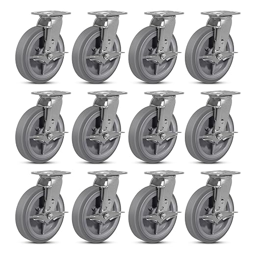 8 Inch Rubber Wheels (Flat Tread)- Heavy Duty Casters, Industrial Caster Wheels- with up to 1200 LB Capacity- Use for Dollies, Utility and Maintenance Carts(12 Brake)