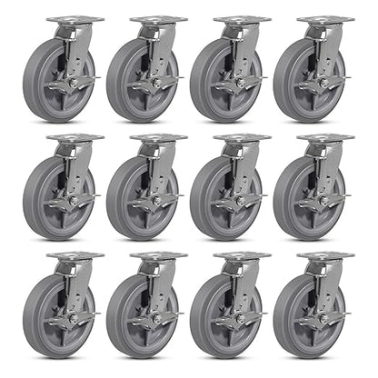 8 Inch Rubber Wheels (Flat Tread)- Heavy Duty Casters, Industrial Caster Wheels- with up to 1200 LB Capacity- Use for Dollies, Utility and Maintenance Carts(12 Brake)