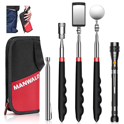 Telescoping Magnetic Pickup Tool Set with Portable Bag, Extendable Flashlight with 360° Inspection Mirror, Christmas Stocking Stuffers for Men Adults, Gifts for Men Mechanics, and Handymen, Red