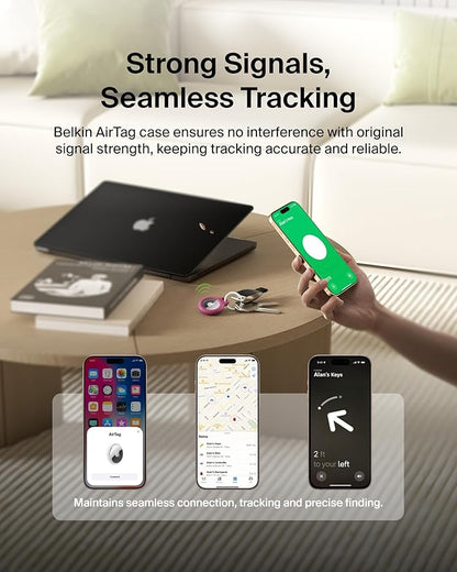 Belkin Apple AirTag Secure Holder with Key Ring - Durable, Scratch-Resistant Case with Open Face & Raised Edges - Protective AirTag Keychain Accessory for Keys, Pets, Luggage, & More - Pink