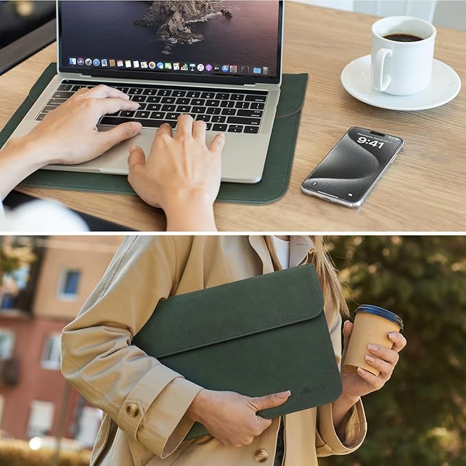 Allinside 13 Inch Laptop Sleeve Case for MacBook Air 13 2018-2025/MacBook Pro 13 2016-2022/Macbook Pro 14 2021-2024, Waterproof Matte PU Leather Horizontal Envelope Protective Case Cover, Dark Green