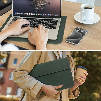 Allinside 13 Inch Laptop Sleeve Case for MacBook Air 13 2018-2025/MacBook Pro 13 2016-2022/Macbook Pro 14 2021-2024, Waterproof Matte PU Leather Horizontal Envelope Protective Case Cover, Dark Green