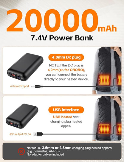 20000mAh Heated Vest Battery Pack – 7.4V DC 4.0mm & USB/Type-C Output Compatible with Heated Apparel and Most USB Heated Vest, Up to 13H Heat, LED Display