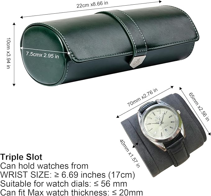 DUKWIN Watch Roll for 3 Watches,Vegan Leather Travel Watch Case Organizer with Removable Pillows for Men and Women,Display Case for Watches Collection & Gift for Anniversary Birthday(Green Storag Box)
