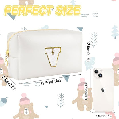 Gifts for Girls Initial Makeup Bag Personalized Cosmetic Bag with Zipper Cute Travel Toiletry Bags Waterproof PU Preppy Makeup Pouch Birthday Gift for Teen Girls Women(White V)